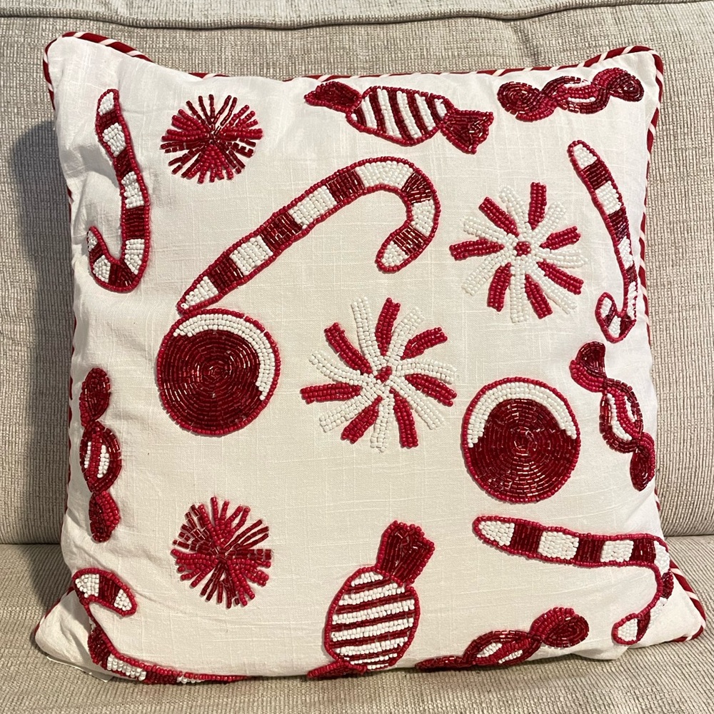 Beaded candy cane Christmas pillow